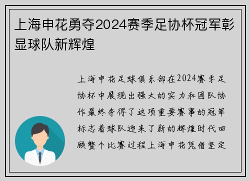 上海申花勇夺2024赛季足协杯冠军彰显球队新辉煌 上海申花勇夺2024赛季足协杯冠军彰显球队新辉煌
