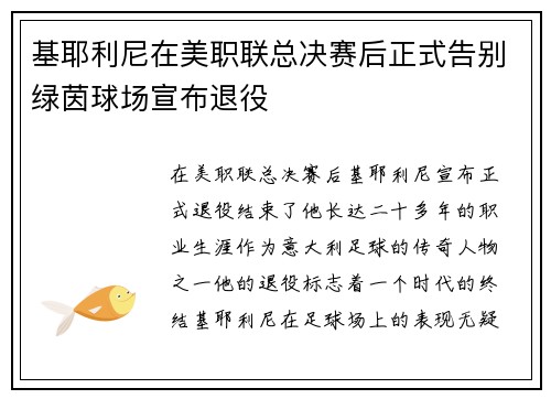 基耶利尼在美职联总决赛后正式告别绿茵球场宣布退役