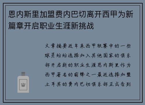 恩内斯里加盟费内巴切离开西甲为新篇章开启职业生涯新挑战