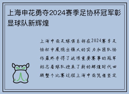 上海申花勇夺2024赛季足协杯冠军彰显球队新辉煌 上海申花勇夺2024赛季足协杯冠军彰显球队新辉煌